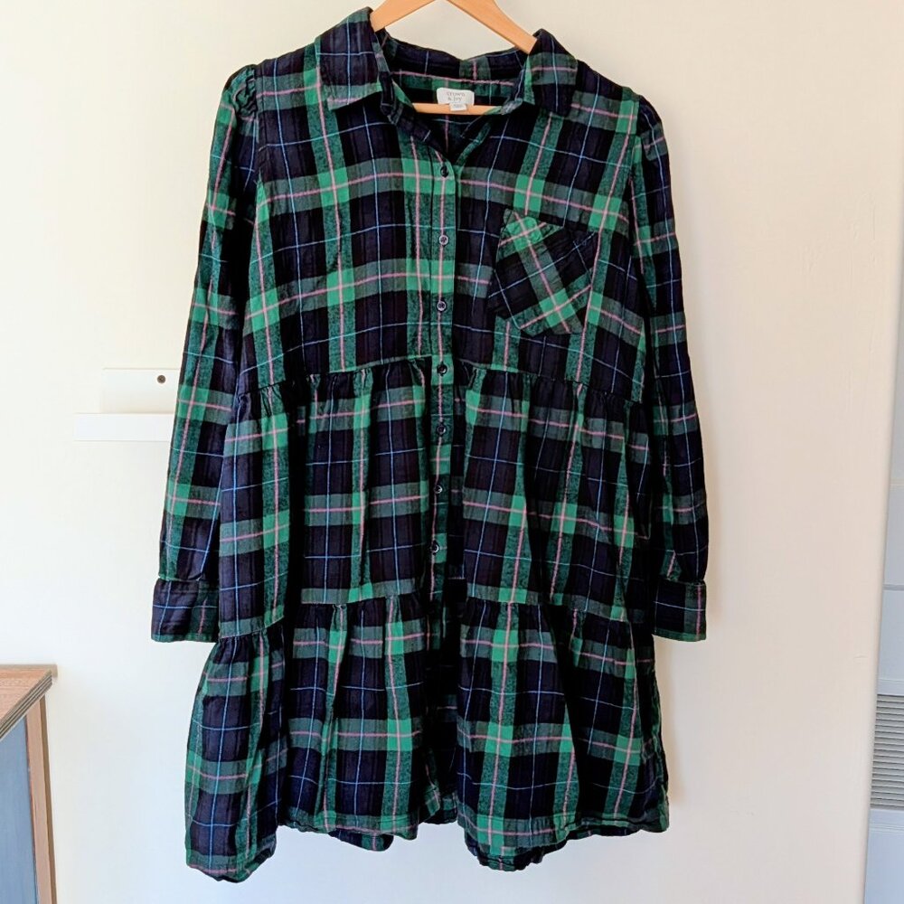 Crown & Ivy Women's Tiered Plaid Flannel Dress XLarge Green Navy Blue w Pockets